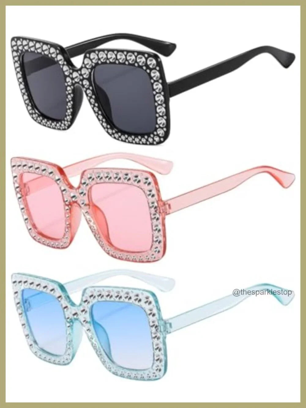 Oversized Crystal Sunglasses for Women Square Thick Frame Bling Rhinestone